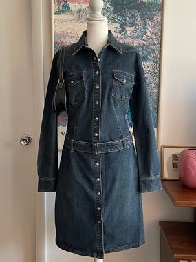 Moda International Jean Jacket Large Denim Belted Trenchcoat Indie Western Y2K